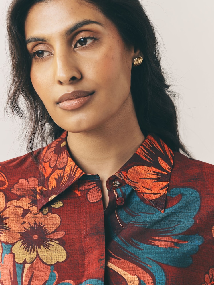 Wine Floral Print Long Sleeve Button Down Shirt - Image 4 of 8