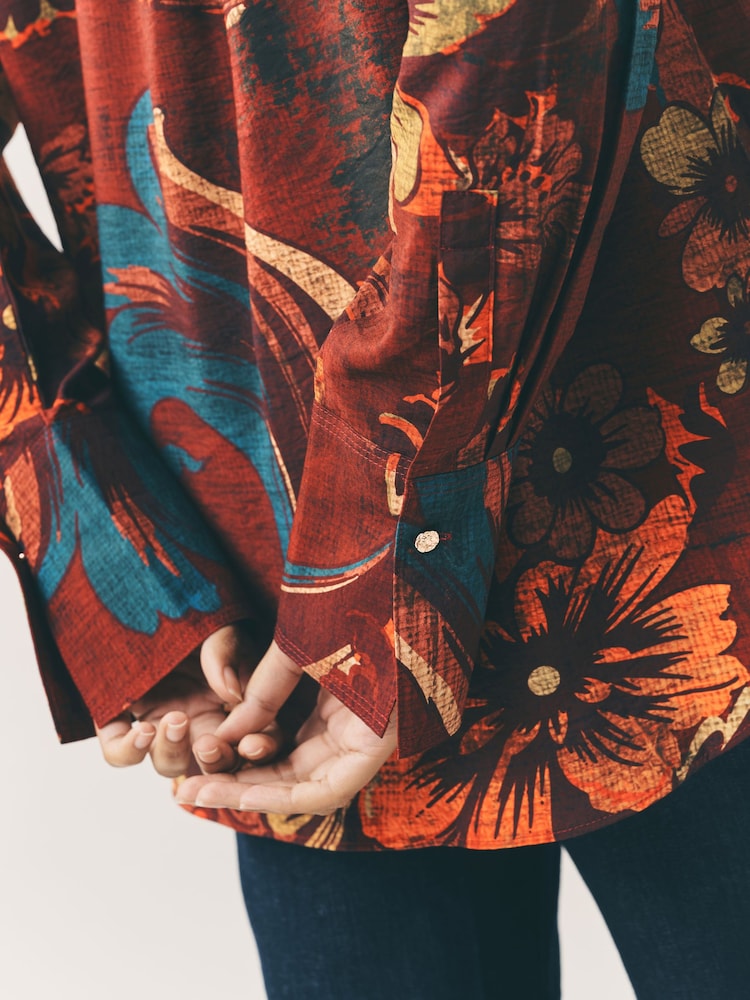 Wine Floral Print Long Sleeve Button Down Shirt - Image 5 of 8