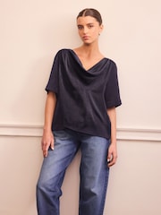 Navy Short Sleeve Crinkle Satin Cowl Neck Top - Image 1 of 8
