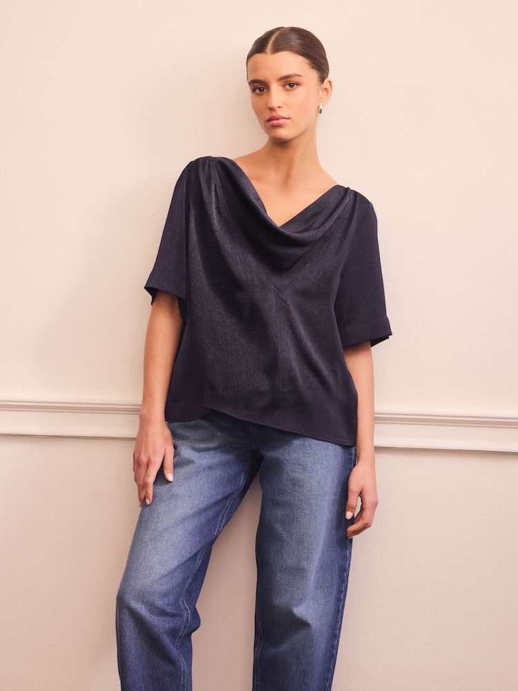 Navy Short Sleeve Crinkle Satin Cowl Neck Top - Image 1 of 8