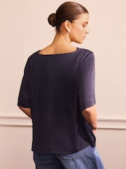 Navy Short Sleeve Crinkle Satin Cowl Neck Top - Image 2 of 8