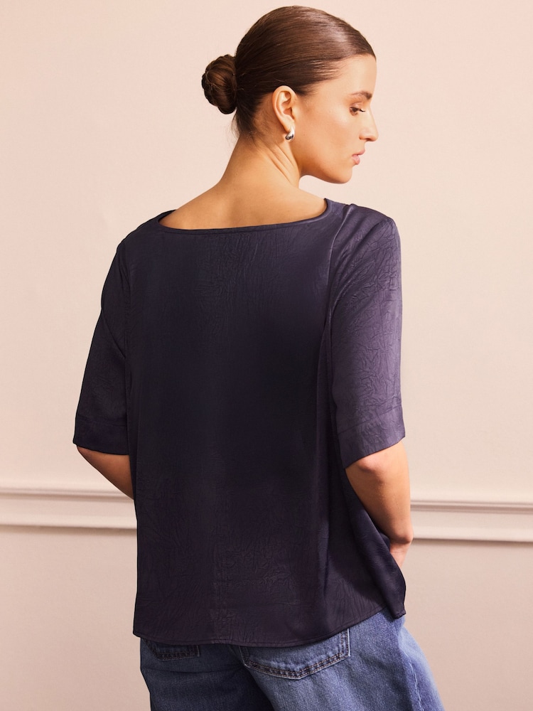 Navy Short Sleeve Crinkle Satin Cowl Neck Top - Image 2 of 8