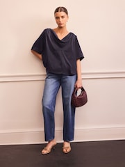 Navy Short Sleeve Crinkle Satin Cowl Neck Top - Image 3 of 8
