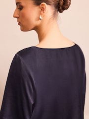 Navy Short Sleeve Crinkle Satin Cowl Neck Top - Image 4 of 8