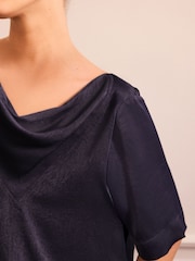 Navy Short Sleeve Crinkle Satin Cowl Neck Top - Image 5 of 8