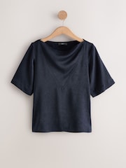 Navy Short Sleeve Crinkle Satin Cowl Neck Top - Image 6 of 8