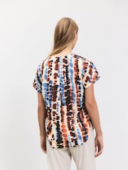 Blue/Orange Tie Dye Print Relaxed Fit Short Sleeve Overhead V-Neck Blouse - Image 4 of 8