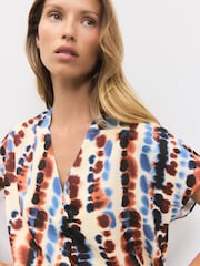 Blue/Orange Tie Dye Print Relaxed Fit Short Sleeve Overhead V-Neck Blouse - Image 5 of 8