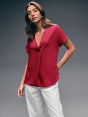 Vermelho Borgonha - Blusa de manga curta com decote em V com ajuste descontraído - Imagem 1 de 6