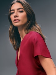 Vermelho Borgonha - Blusa de manga curta com decote em V com ajuste descontraído - Imagem 3 de 6