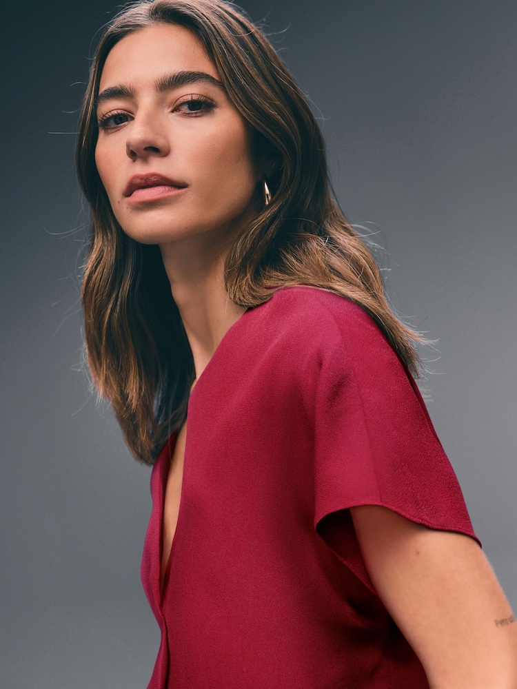 Burgundy Red Relaxed Fit Short Sleeve Overhead V-Neck Blouse - Image 3 of 6