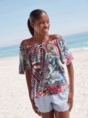 Purple Geometric Paisley Print Short Sleeve Tie Neck Bardot Top With Linen - Image 1 of 1