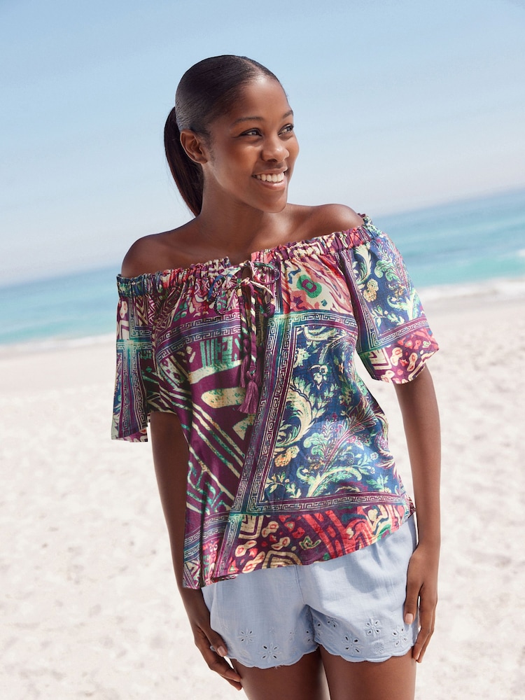 Purple Geometric Paisley Print Short Sleeve Tie Neck Bardot Top With Linen - Image 1 of 1