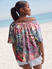 Purple Geometric Paisley Print Short Sleeve Tie Neck Bardot Top With Linen - Image 2 of 6