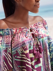 Purple Geometric Paisley Print Short Sleeve Tie Neck Bardot Top With Linen - Image 3 of 6