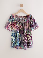 Purple Geometric Paisley Print Short Sleeve Tie Neck Bardot Top With Linen - Image 4 of 6
