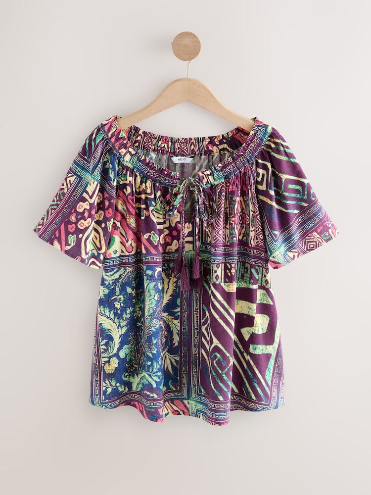 Buy Purple Geometric Paisley Print Short Sleeve Tie Neck Bardot