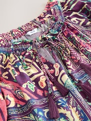 Purple Geometric Paisley Print Short Sleeve Tie Neck Bardot Top With Linen - Image 6 of 6