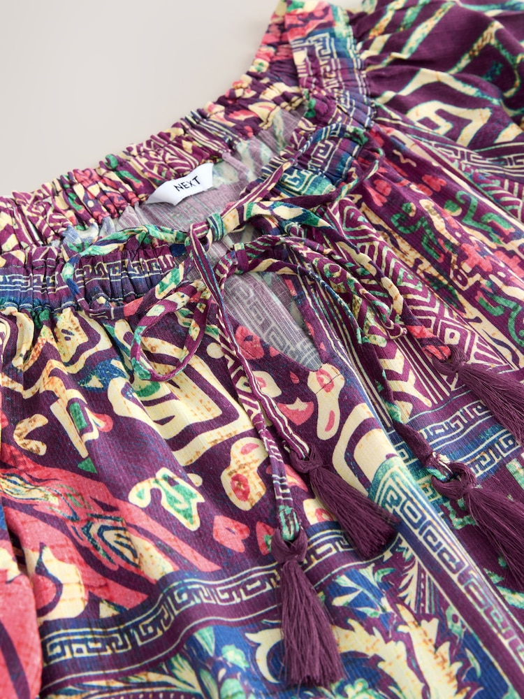 Purple Geometric Paisley Print Short Sleeve Tie Neck Bardot Top With Linen - Image 6 of 6
