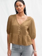 Khaki Green Puff Short Sleeve Doublecloth 100% Cotton Blouse - Image 1 of 6