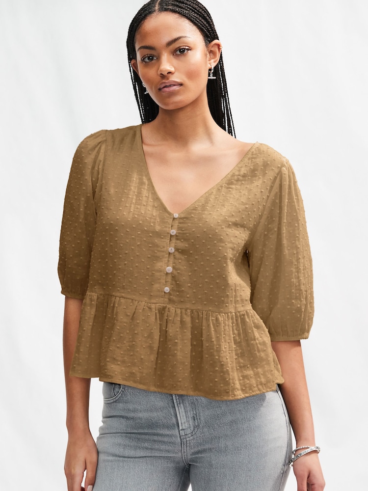 Khaki Green Puff Short Sleeve Doublecloth 100% Cotton Blouse - Image 1 of 6