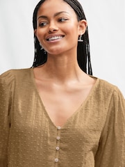Khaki Green Puff Short Sleeve Doublecloth 100% Cotton Blouse - Image 2 of 6