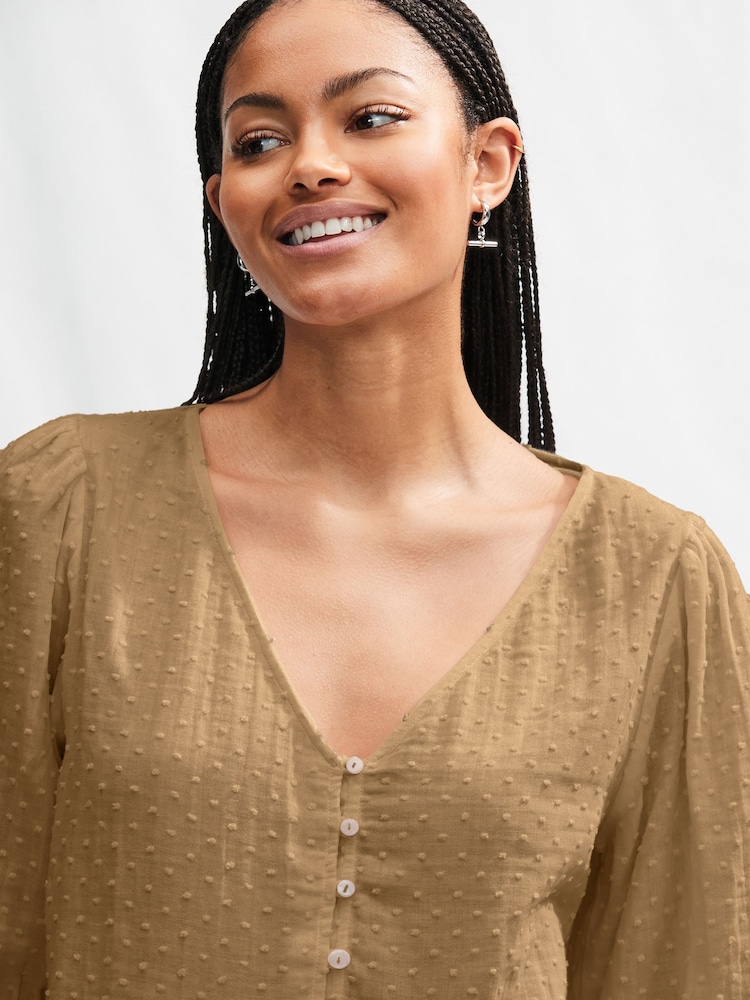 Khaki Green Puff Short Sleeve Doublecloth 100% Cotton Blouse - Image 2 of 6