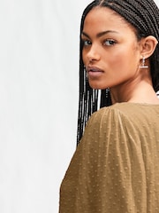 Khaki Green Puff Short Sleeve Doublecloth 100% Cotton Blouse - Image 3 of 6