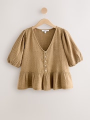 Khaki Green Puff Short Sleeve Doublecloth 100% Cotton Blouse - Image 4 of 6