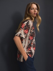 Red Multi Floral Tapestry Stripe Textured Boxy T-Shirt - Image 1 of 8