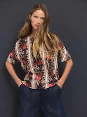 Red Multi Floral Tapestry Stripe Textured Boxy T-Shirt - Image 2 of 8