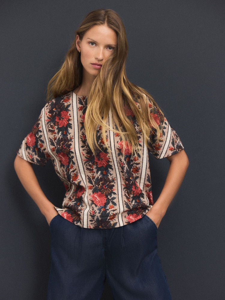 Red Multi Floral Tapestry Stripe Textured Boxy T-Shirt - Image 2 of 8