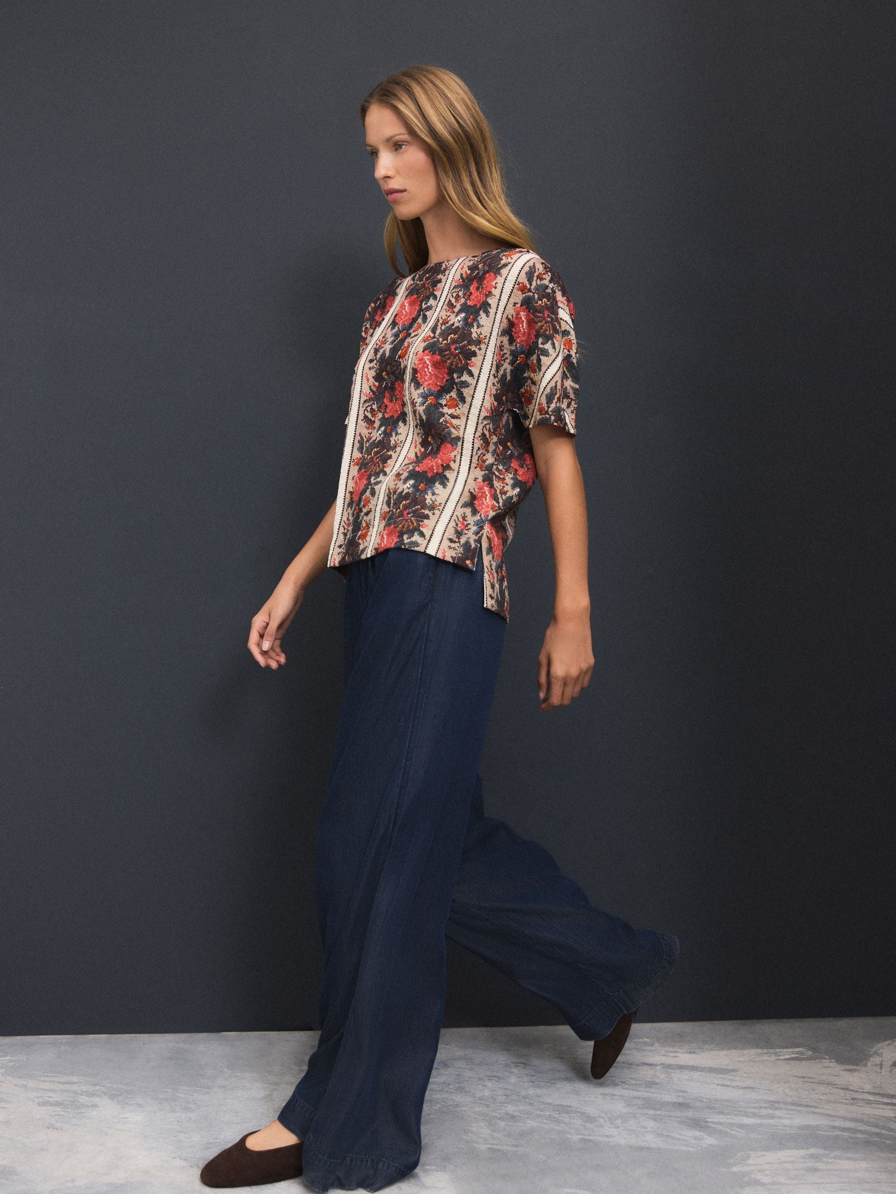 Buy Red Multi Floral Tapestry Stripe Textured Boxy T-Shirt from