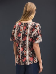 Red Multi Floral Tapestry Stripe Textured Boxy T-Shirt - Image 4 of 8