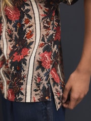Red Multi Floral Tapestry Stripe Textured Boxy T-Shirt - Image 5 of 8