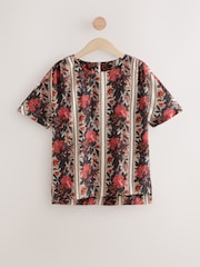 Red Multi Floral Tapestry Stripe Textured Boxy T-Shirt - Image 6 of 8