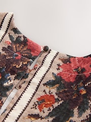 Red Multi Floral Tapestry Stripe Textured Boxy T-Shirt - Image 8 of 8