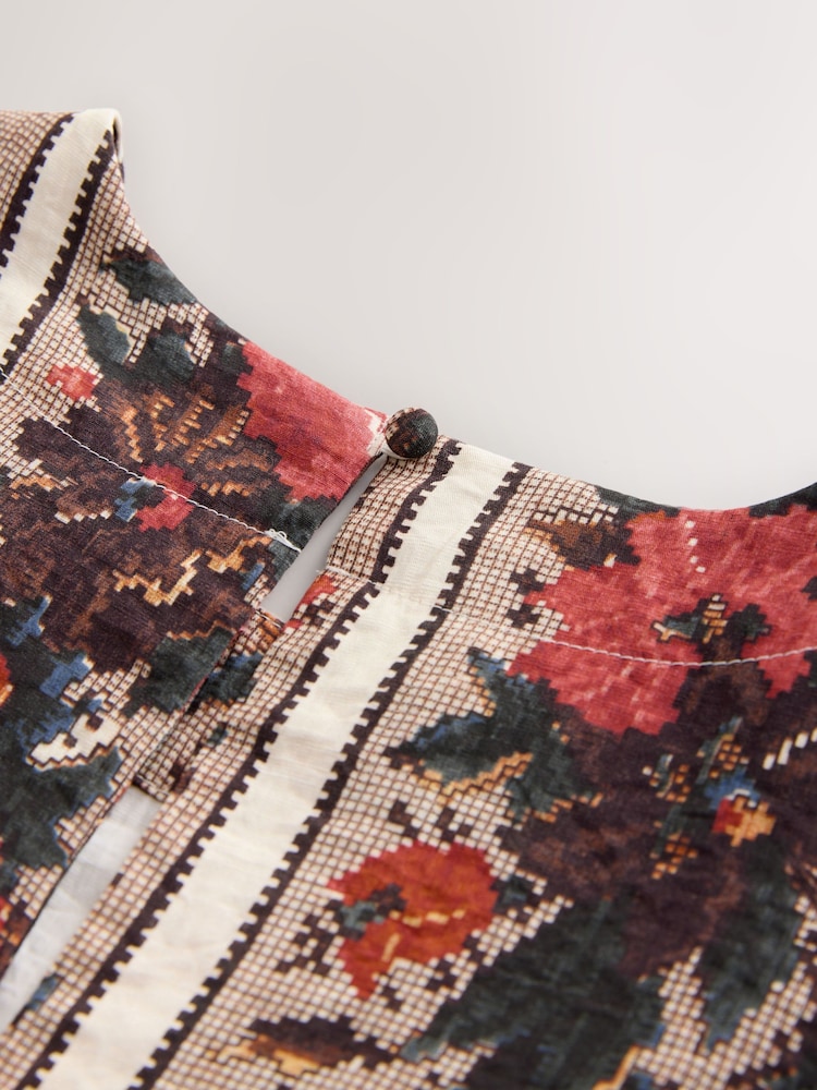 Red Multi Floral Tapestry Stripe Textured Boxy T-Shirt - Image 8 of 8
