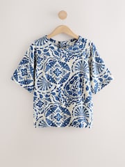 Blue/Cream Geo Print Short Sleeve Boxy T-Shirt with Linen - Image 1 of 3
