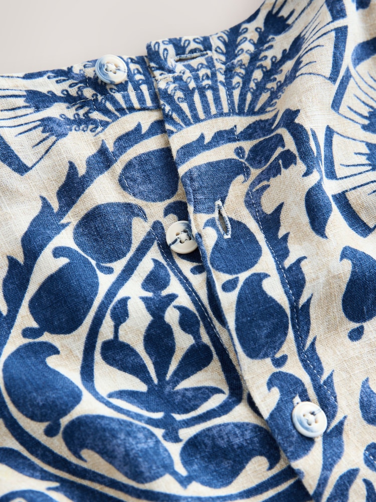 Blue/Cream Geo Print Short Sleeve Boxy T-Shirt with Linen - Image 3 of 3