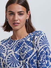 Blue/Cream Geo Print Short Sleeve Boxy T-Shirt with Linen - Image 4 of 8