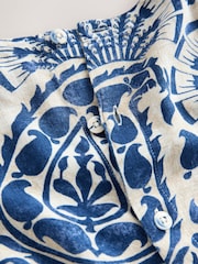 Blue/Cream Geo Print Short Sleeve Boxy T-Shirt with Linen - Image 7 of 8