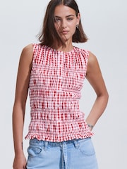 Red and White Sleeveless Button Down Smock Top - Image 1 of 7