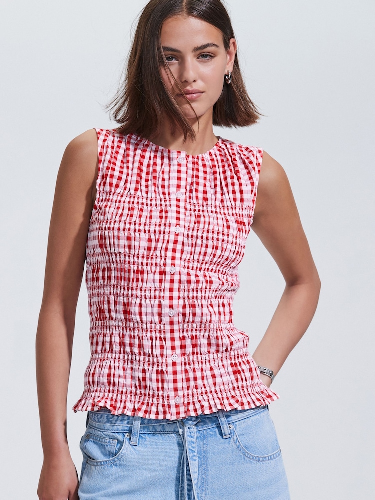 Red and White Sleeveless Button Down Smock Top - Image 1 of 7