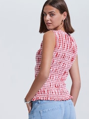 Red and White Sleeveless Button Down Smock Top - Image 2 of 7