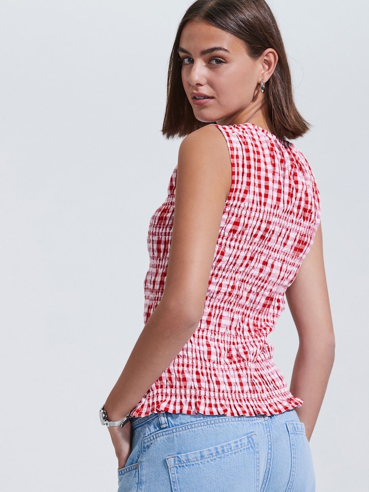 Red and White Sleeveless Button Down Smock Top - Image 2 of 7