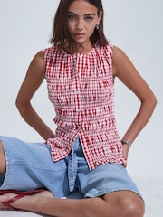 Red and White Sleeveless Button Down Smock Top - Image 3 of 7