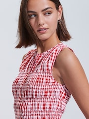 Red and White Sleeveless Button Down Smock Top - Image 4 of 7
