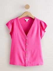 Pink Button Down Ruffle Sleeve Top With Linen - Image 1 of 1