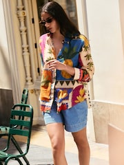 Multicoloured Pineapple Placement Print Relaxed Long Sleeve Cotton Lightweight Shirt - Image 1 of 8